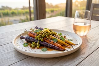 Charred Heritage Carrots with Guajillo-Verjus Glaze and Pistachio Nopal Relish Charred heirloom carrots with guajillo-verjus glaze and nopales relish, served with Sonoma rosé in golden California sunset light.