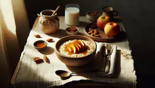 Image shows a serene breakfast scene with vegan millet porridge in a rustic bowl, topped with caramelized spiced apples and maple syrup, beside a glass of almond milk, under soft morning light.