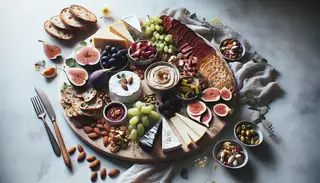 A vegan charcuterie board with cashew cheese, seitan, and fruits, elegantly arranged on a minimalist table.