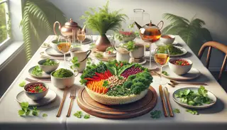 Minimalist high tea setting featuring 'Zesty Vegan High Tea Delight' with millet, kale, red bell pepper, sweet potatoes, and cilantro on a simple table.