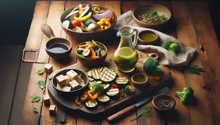 Vegan marinade in an exquisite bowl on a rustic table, flanked by plates of grilled vegetables and sliced tofu, exuding natural warmth.