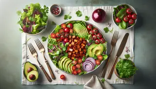 A colorful and fresh plant-based BBQ jackfruit salad surrounded by vibrant salad greens, cherry tomatoes, red onions, and avocado slices on a simple, elegant table setting.