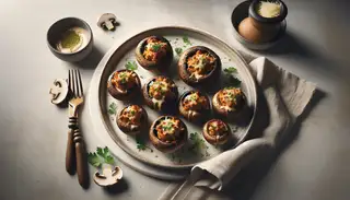 Plate of golden-brown vegan stuffed mushrooms with creamy filling, vegan cheese, and parsley on a minimalistic table.