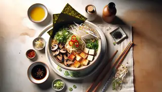 A serene and inviting Japanese-inspired lunch scene featuring a steaming bowl of colorful vegan ramen with shiitake mushrooms, tofu, green onions, bean sprouts, and chili oil.
