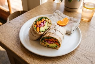 A sliced vegan wrap with confit carrots, fennel, and avocado on a white plate in soft natural sunlight on a wooden table.