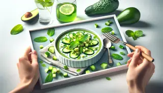 Chilled Cucumber Avocado Soup garnished with diced cucumber, avocado, and mint leaves in a serene table setting