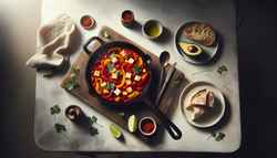 Image of a vegan Shakshuka in a rustic skillet, with charred peppers and crumbled tofu, garnished with cilantro, beside sourdough bread, avocado slices, and a lime wedge on a minimalist table.