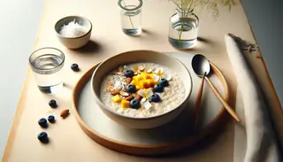 A serene brunch setup featuring a bowl of Coconut Millet Porridge topped with mango, blueberries, coconut, and almonds, on a wood table with a glass of water and a spoon.