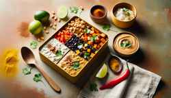 Vegan African-inspired bento box with millet, sweet potatoes, black beans, and red bell peppers, topped with a creamy peanut-curry sauce, garnished with cilantro and a lime wedge on a simple table.