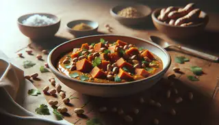 Vegan African Sweet Potato and Peanut Stew in a simple bowl, garnished with cilantro and peanuts on a wooden table.