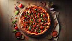 Artisan vegan pizza with harissa sauce, vegan cheese, roasted peppers, onions, olives, artichokes, sundried tomatoes, za'atar, and basil on a wooden table.