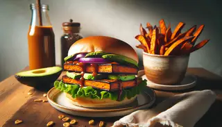 Open-faced vegan BBQ tempeh sandwich on a toasted bun with red onion, avocado, lettuce, and a side of sweet potato fries on a neutral background.