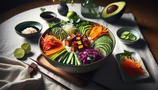 A minimalist dining table highlighting a vibrant Vegan Asian Fusion Bowl with sushi rice, caramelized tofu, colorful vegetables, avocado, sesame seeds, nori, cilantro, and lime wedges in natural light.