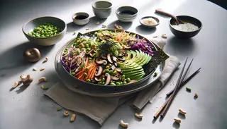 Image of a vibrant Umami Salad with shiitake mushrooms, edamame, red cabbage, carrots, and avocado, topped with green onions, sesame seeds, peanuts, and nori, on a minimalist table under natural light.