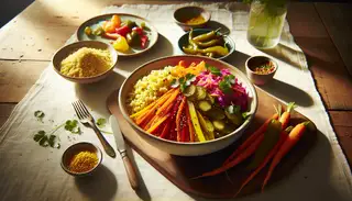 Image of a tastefully arranged table featuring a vibrant millet dish with pickled carrots, cabbage, and bell peppers, garnished with cilantro, alongside pickled veggies and a drink, under natural light.