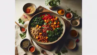 Vegan African millet dish with lentils, sweet potatoes, kale, and red bell peppers, garnished with cilantro, spices visible, served in a bowl under natural light.