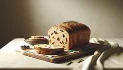 Freshly baked vegan umami bread with sun-dried tomatoes, black olives, and rosemary on a rustic board, exuding warmth and simplicity.