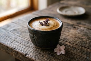 A dark ceramic cup of fluffy coffee with thick foam and a shiso bud on a minimalist wooden table in soft morning light.