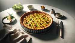 Vegan breakfast quiche with golden crust, green onions, bell peppers, and vegan cheese, served on a minimalistic table.