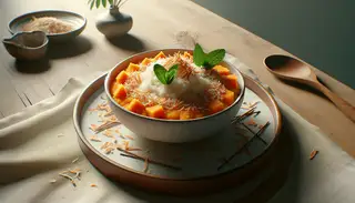 Hyper-realistic image of Sweet Potato and Coconut Rice Pudding in a white bowl on a wooden table, topped with toasted coconut and mint, under soft lighting.