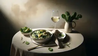 Elegant vegan dinner setting featuring creamy artichoke and spinach risotto in a white bowl, a fresh salad, and a glass of white wine, under warm, soft lighting.