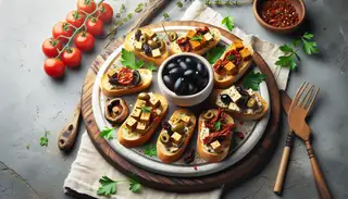 Neat, minimalistic table setting with vibrant Vegan Umami Tapas on toasted baguette slices, garnished with parsley.