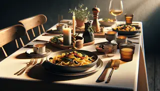 Scenic vegan bitter greens pasta dish in an elegant, serene Italian dinner setting