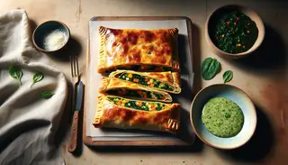 Golden vegan vegetable strudel on a wooden table, with visible colorful filling and a green herb dip, highlighted by natural light.