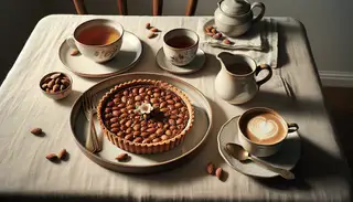 A simple table setting featuring a Vegan Nutty High Tea Tart on a ceramic plate, with a cup of herbal tea and a frothy cappuccino, under natural light.
