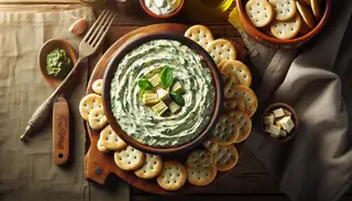 Close-up of a luscious Creamy Vegan Spinach & Artichoke Dip on a minimalist table, showcasing its velvety texture and inviting appeal