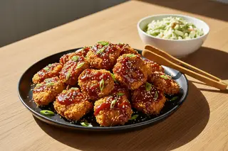 Golden panko jackfruit ribs with hoisin-bourbon glaze and wasabi slaw on a matte-black platter in bright California sunlight.