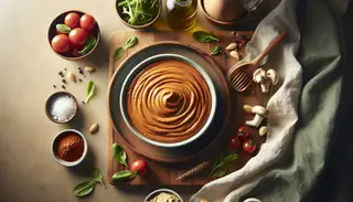 Vibrant vegan twist on classic Italian sauce in a small dish, showcasing creamy richness on a simple table, organic and rich in color.