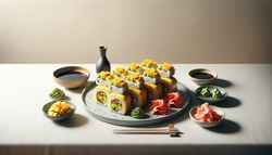 Fresh Mango Avocado Sushi Rolls on a chic plate, with soy sauce, pickled ginger, and wasabi on a simple table, emphasizing vibrant colors.