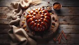 Golden brown African-inspired sticky bread on rustic wooden table, surrounded by nuts and raisins, exuding warmth and sweetness.