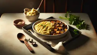 Image of Seitan and Shiitake Shepherd’s Pie on a minimalist table, featuring golden-brown mashed potatoes, simple white cloth, parsley, and warm lighting.