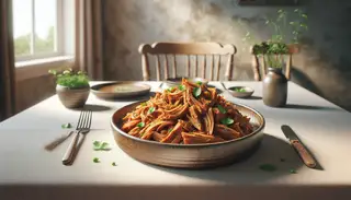 Elegant vegan confit jackfruit dish in a ceramic bowl on a neutral-colored table, highlighted by fresh herb garnishes and soft, warm lighting.
