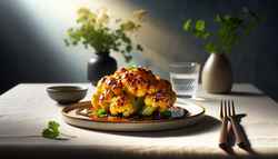 Golden, caramelized miso-glazed cauliflower on a minimalist table, garnished with sesame seeds and herbs, under natural light.