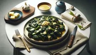 Create an image of a beautifully presented African dish, specifically Vegan Buttered Greens. Envisage vivid, glistening collard greens bathed in a luxurious vegan butter sauce arranged neatly on a plate. The serving plate sits on a clean, simplistic table, which allows the natural allure of the collard greens to thrive. There should be no text in the image, allowing the scene's appetizing colors and textures to communicate the dish's substance and appeal. The visual should encapsulate the essence of traditional African cuisine with a contemporary, plant-centric spin. Make the vegan buttered greens look irresistibly flavorful and rich.