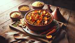 Image of a Sweet Potato and Chickpea Tagine in a traditional pot, served with couscous on a simple table, bathed in natural light.
