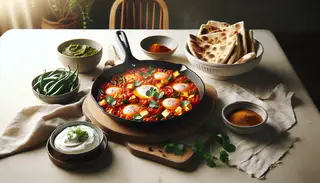 Vegan Asian fusion Shakshuka in a skillet, with tofu, bell peppers, and cilantro, served with pita and vegan yogurt on a wooden table.