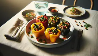 Colorful vegan stuffed bell peppers on a white plate, with millet and chickpeas, garnished with herbs, on a simple table with water glass.