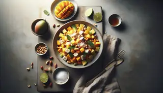 A vibrant African-inspired fruit buffet with mango, pineapple, and banana, dressed in lime and maple syrup, and garnished with mint, coconut, and peanuts.