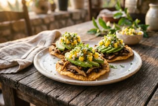 Charred Lion's Mane Miso-Adobo Tostadas Two crispy corn tostadas topped with charred mushrooms, avocado, and pineapple salsa on a rustic wooden table in natural sunlight.