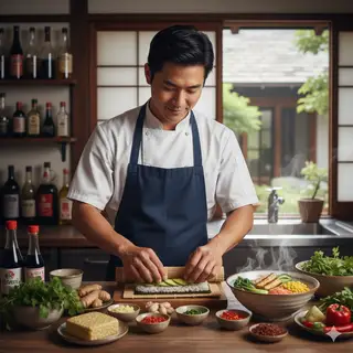 Hiroshi in a sleek, minimalist kitchen, preparing a vegan sushi platter.