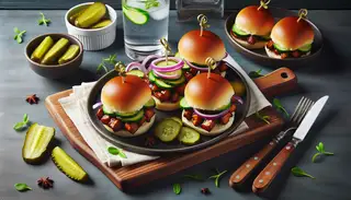 Vibrant Vegan BBQ Jackfruit Sliders on toasted buns, garnished with pickles and red onion, arranged on a tidy table setting.