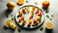 Vibrant citrus fruit skewers with mint leaves on a minimalist table setting.