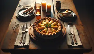 A beautifully presented vegan Shepherd's Pie with a parsnip and potato crust, set on a rustic wooden table in a warm and inviting ambiance. The dish is perfectly portioned and exudes comforting aromas, offering a wholesome and satisfying vegan interpretation of a traditional favorite.