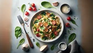Vegan Carbonara dish elegantly displayed on a simple, uncluttered table, highlighting its creamy texture and tempting presentation.