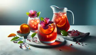 Vibrant African hibiscus drink with orange slices, ice cubes, and pitcher on a minimalist table setting.