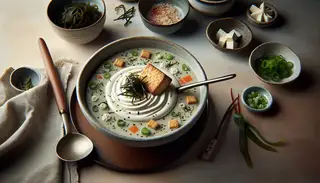 A minimalist buffet table featuring a stylish bowl of Vegan Foamed Miso Soup with crispy tofu, seaweed, and carrots, garnished with scallions and chili flakes, against a neutral background.